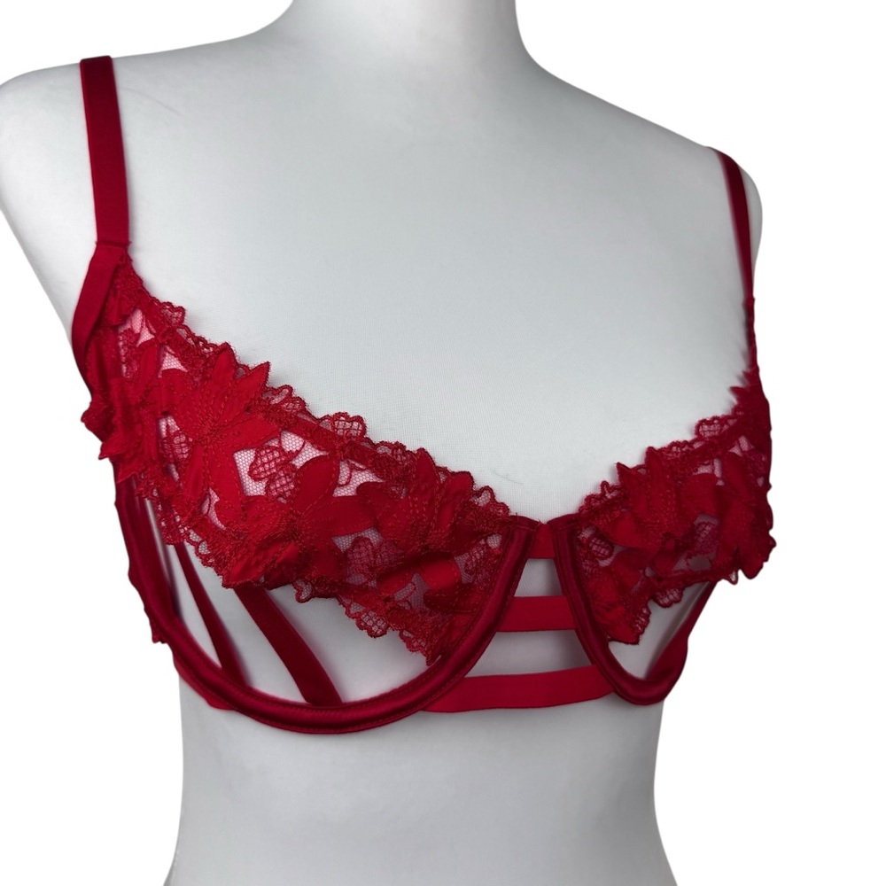 NWT Victoria's Secret Very Sexy Red Satin Ziggy Glam Floral Caged Lace Bra 34D - Picture 6 of 11